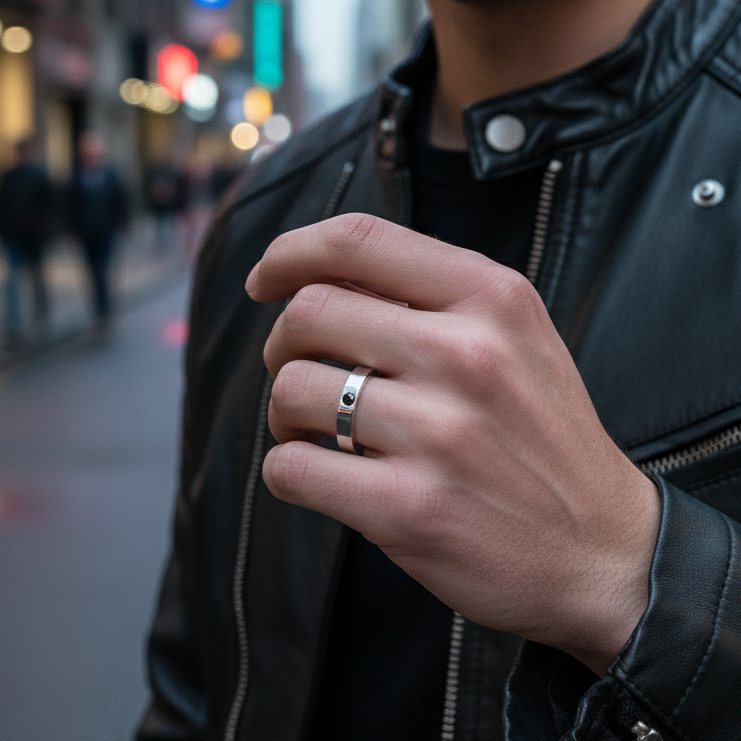Anillo de plata para hombre de tipo solitario con espinbela negra