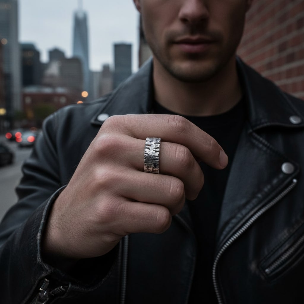 Anillo ancho de plata con texturas hechas a amano en forma de rayas