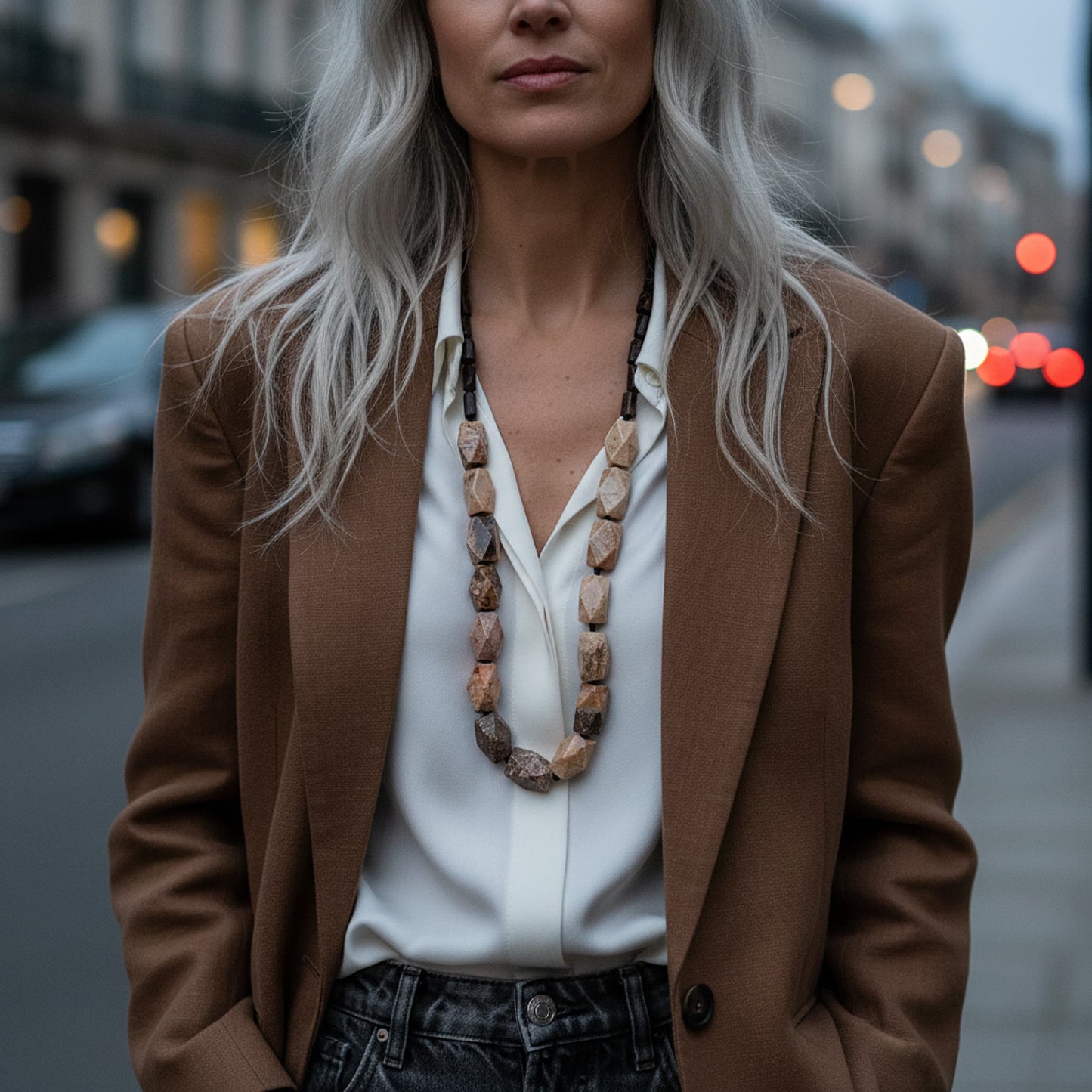 Collar largo de piedras naturales marrón para mujer