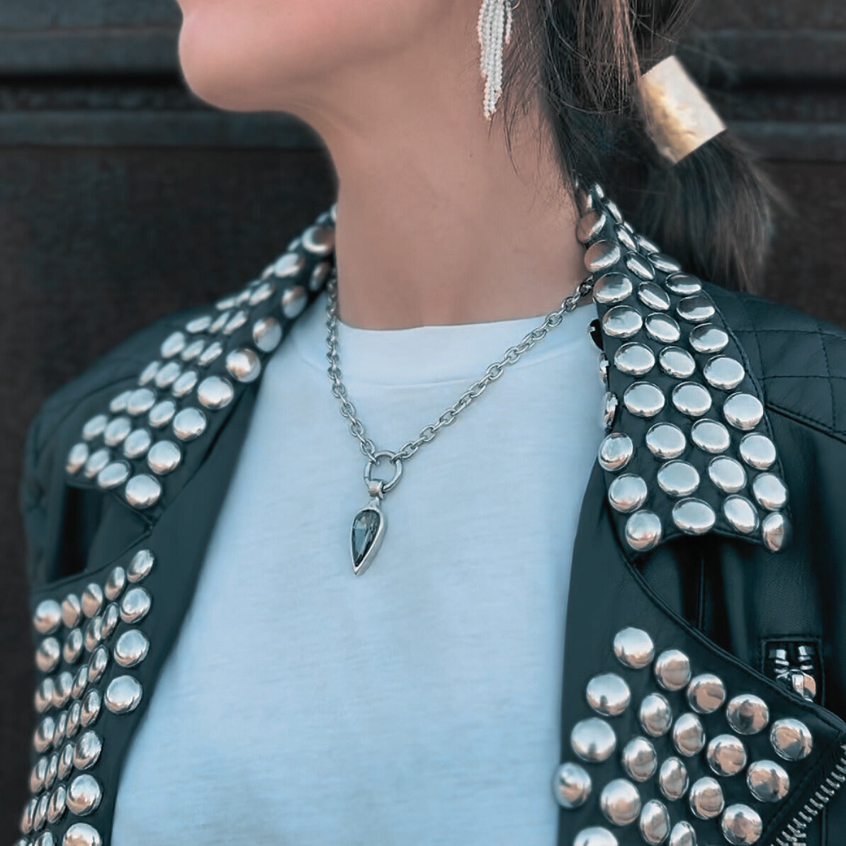 Collar de eslabones de acero inoxidable con colgante diamante negro