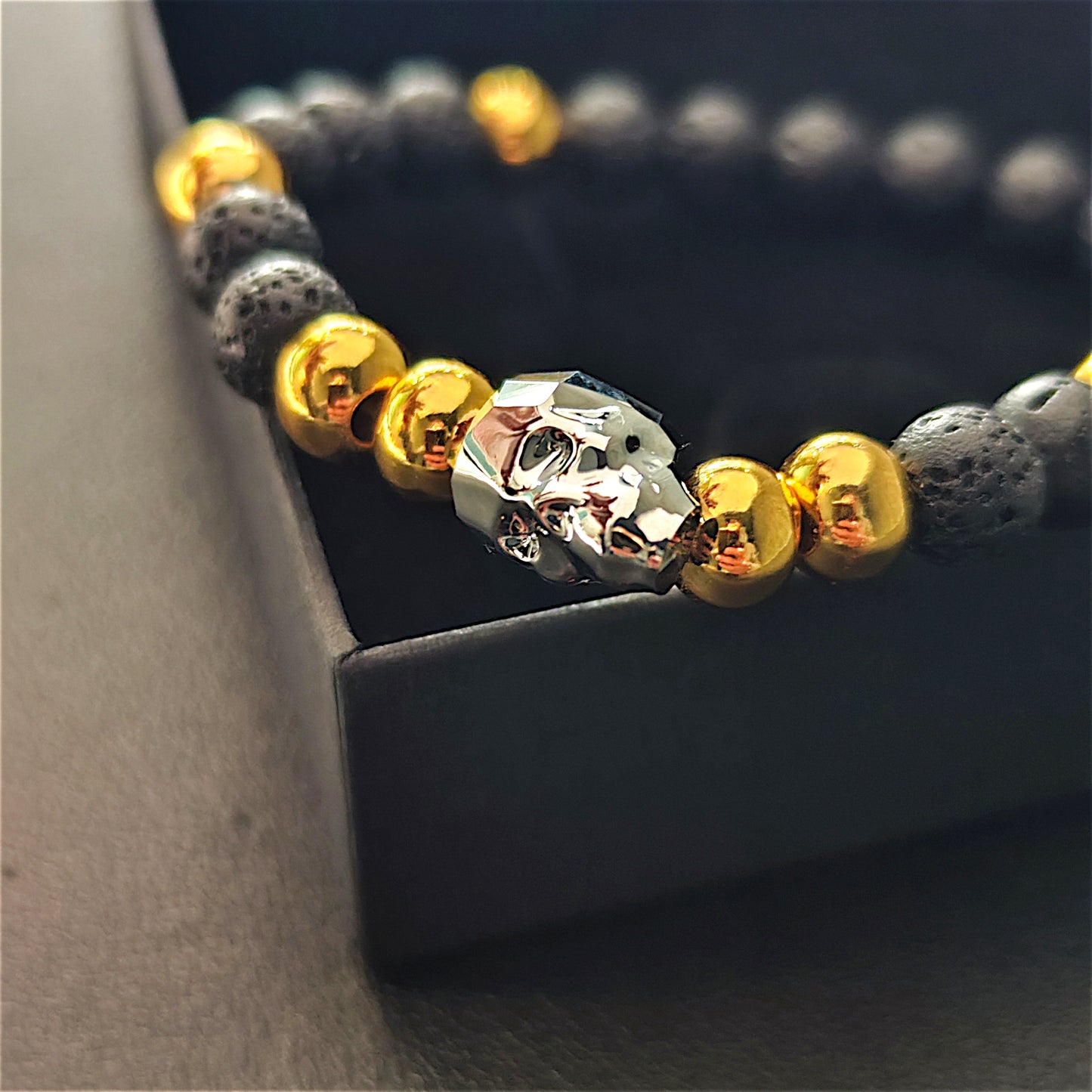 PULSERA DE CALAVERA HOMBRE, PULSERA DE PIEDRA VOLCÁNICA, PULSERA ELASTICA