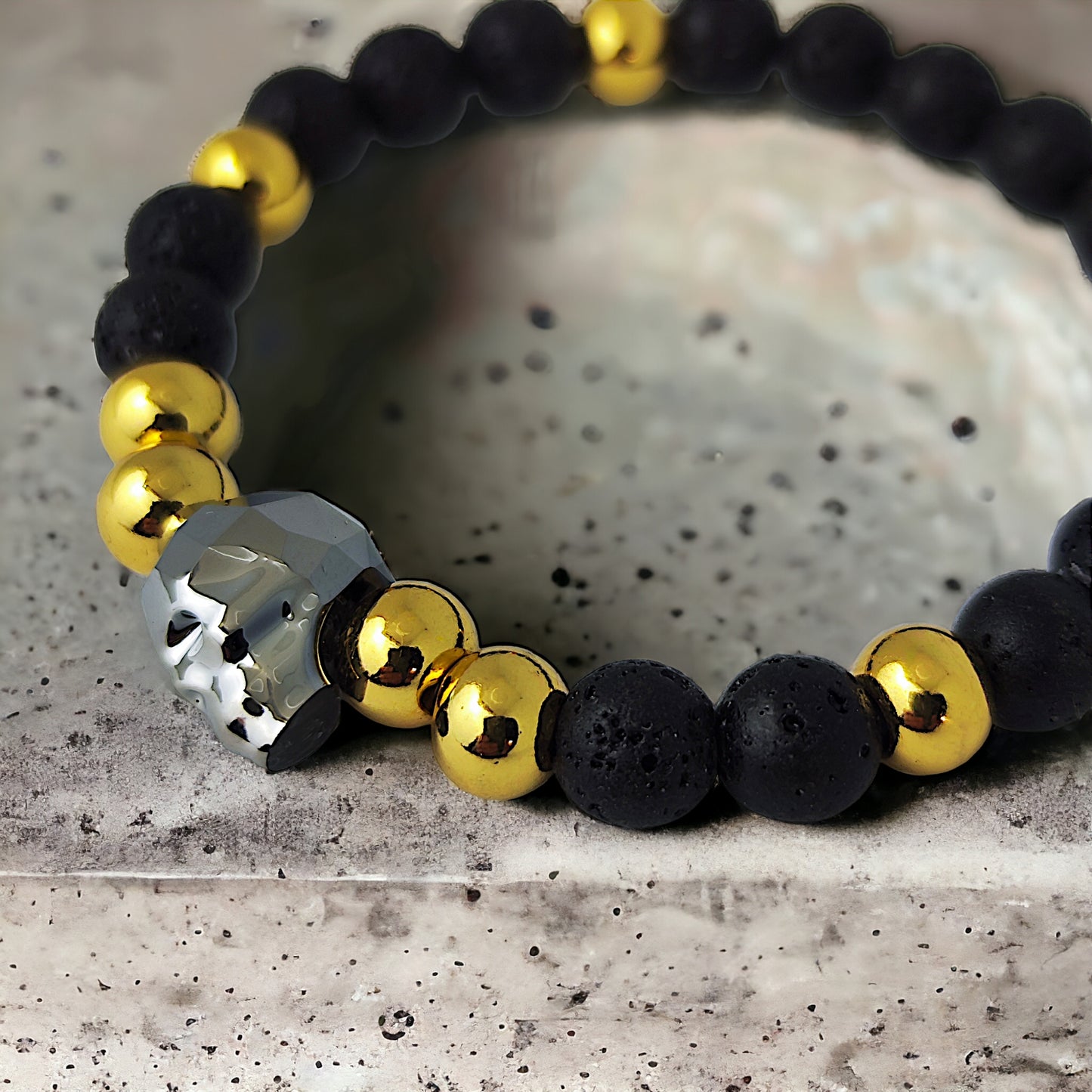 PULSERA DE CALAVERA HOMBRE, PULSERA DE PIEDRA VOLCÁNICA, PULSERA ELASTICA