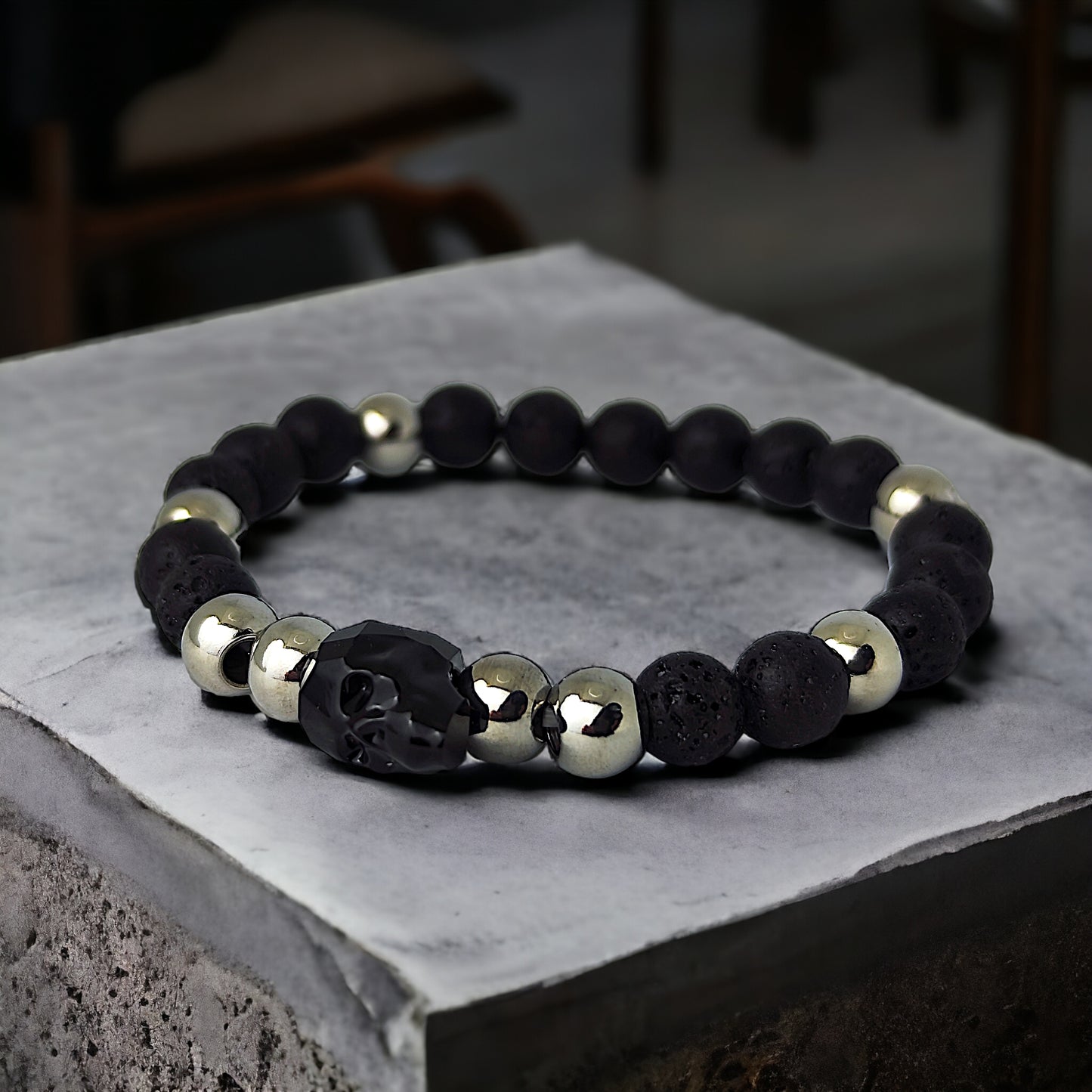 PULSERA DE CALAVERA HOMBRE, PULSERA DE PIEDRA VOLCÁNICA, PULSERA ELASTICA