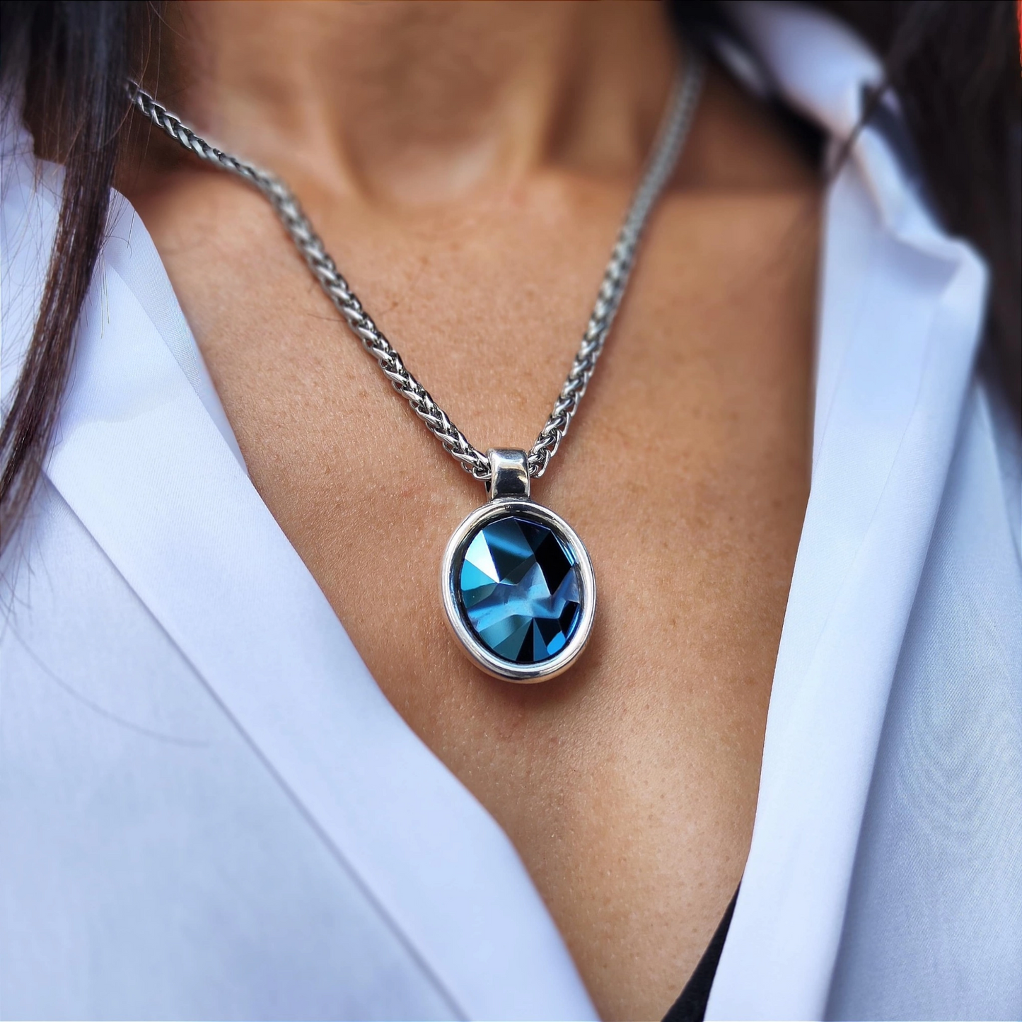 collar azul de cadena de acero inoxidable, collar swarovski mujer
