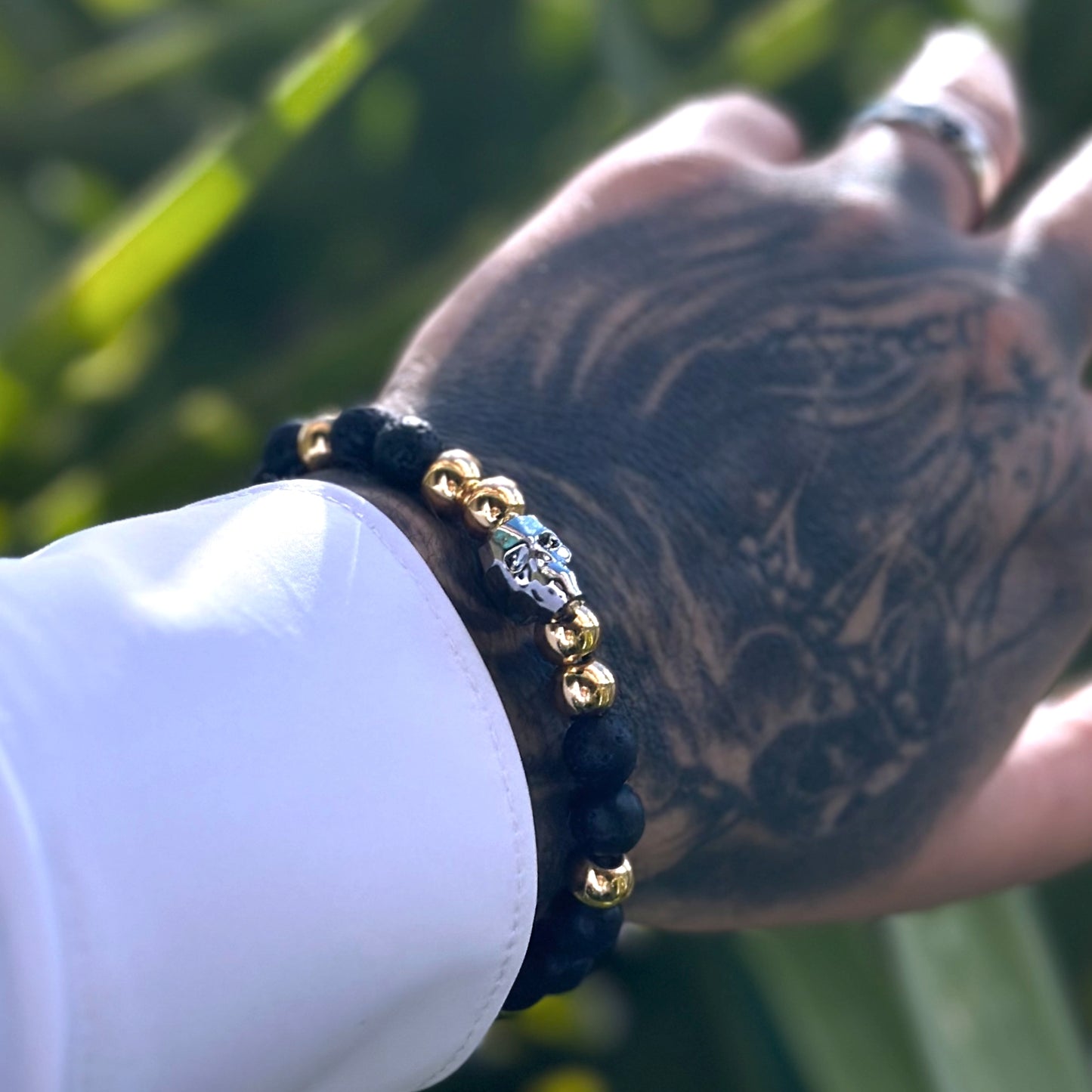 PULSERA DE CALAVERA HOMBRE, PULSERA DE PIEDRA VOLCÁNICA, PULSERA ELASTICA