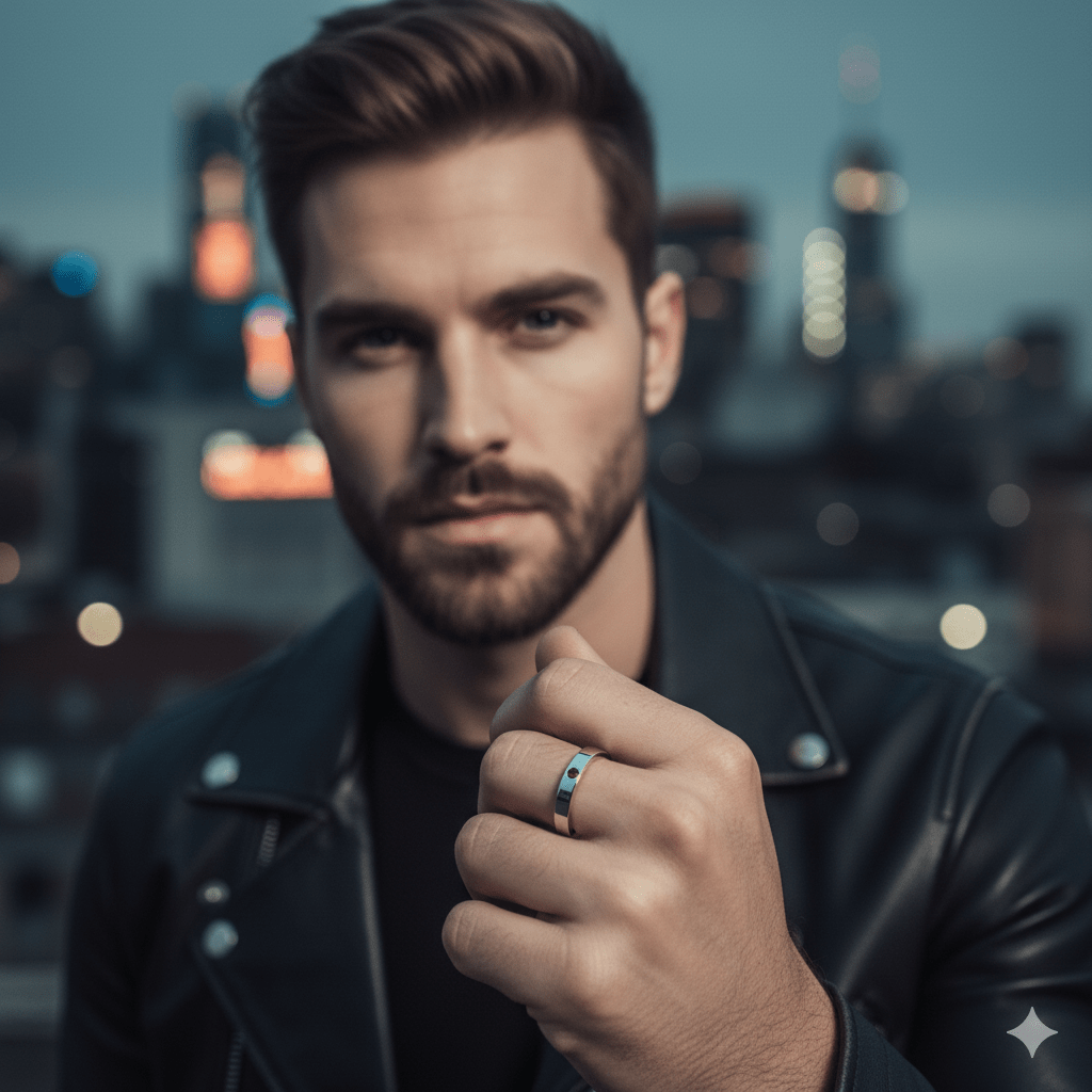 Anillo compriso para hombre de granate de plata de ley pulida