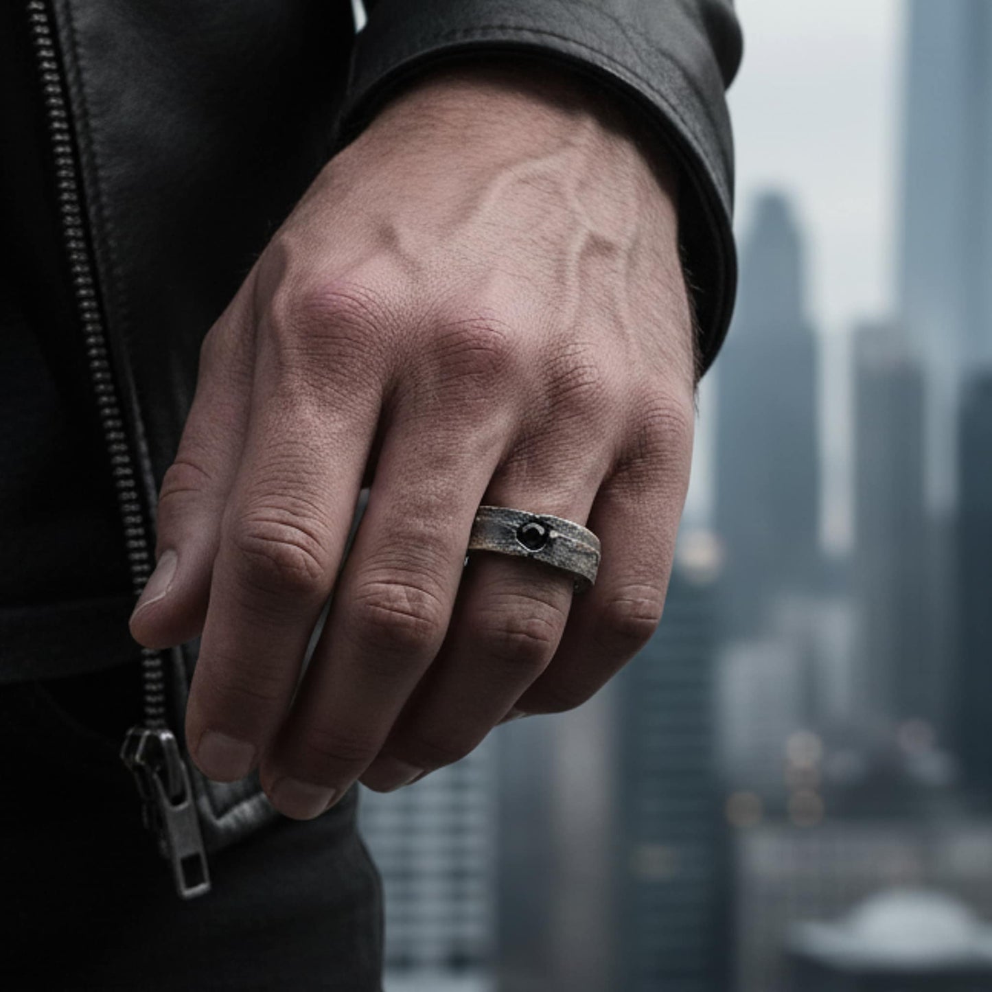 Anillo con piedra de acabado oxidado para hombre de plata de ley