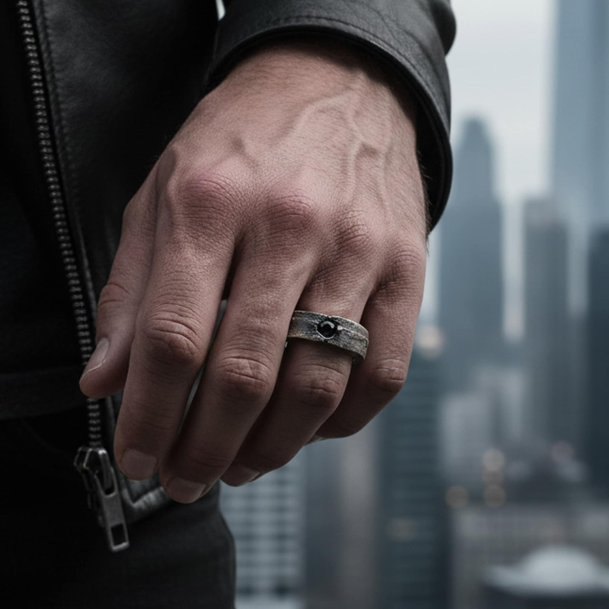 Anillo con piedra de acabado oxidado para hombre de plata de ley