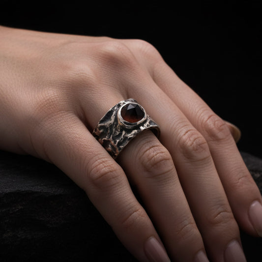 Anillo con cuarzo ahumado en el centro, hecho a mano con textura irregular y acabado oxidado.