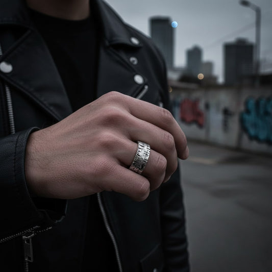 Anillo artesanal ancho de plata con rayas de estilo rustico para hombre