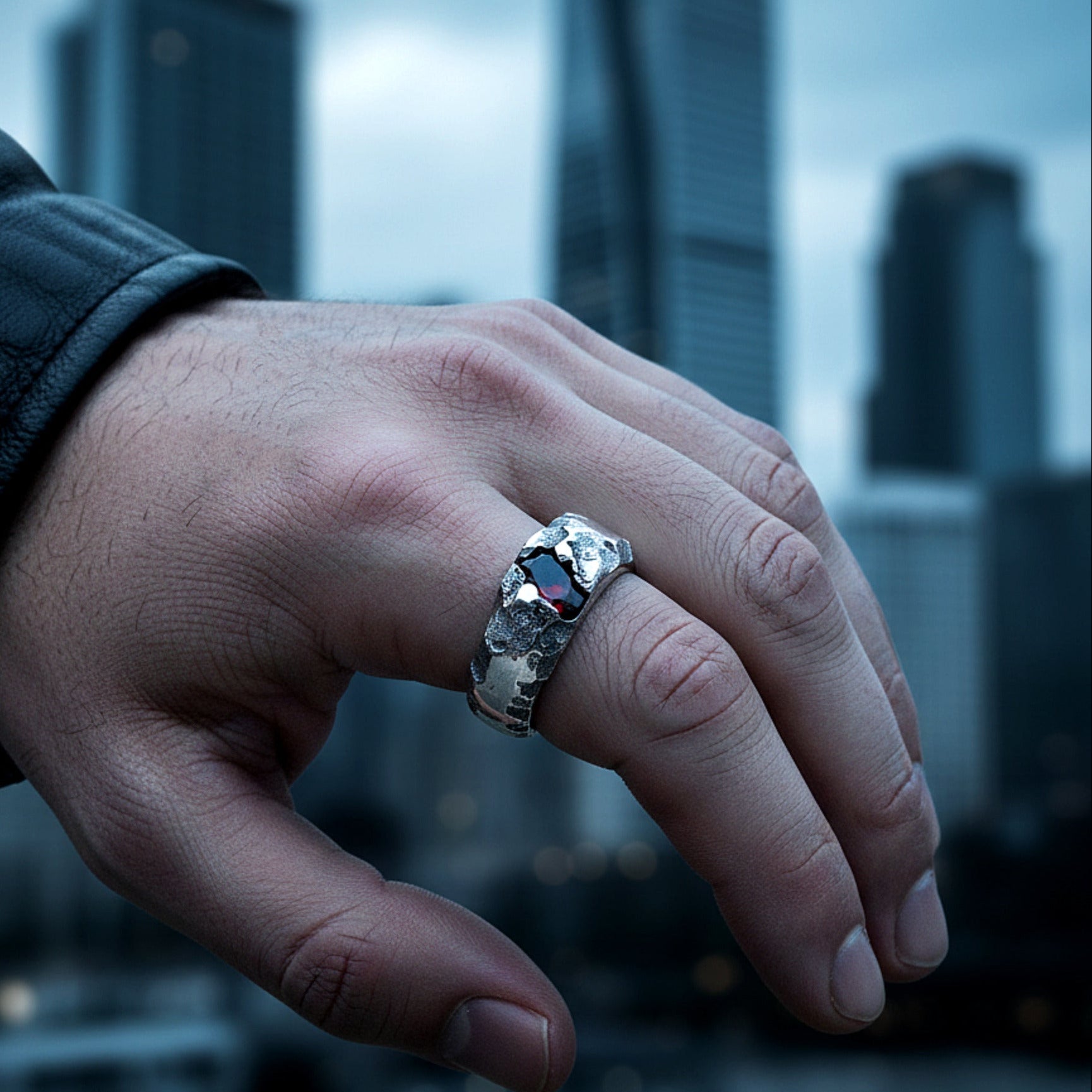 Anillo con granate natural irregular, anillo de plata irregular para hombre con granate