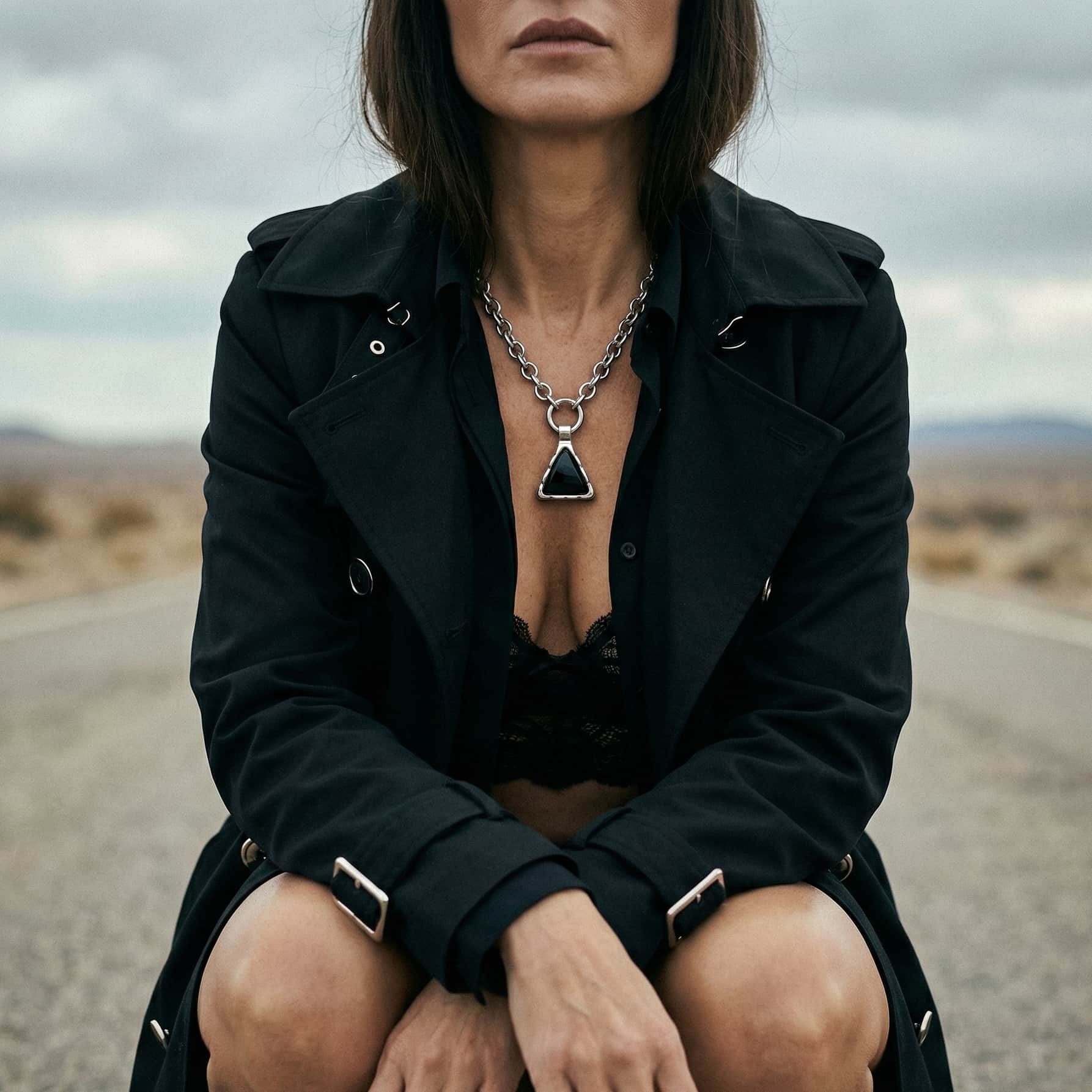 Collar eslabón grande de acero con colgante triangular negro para mujer