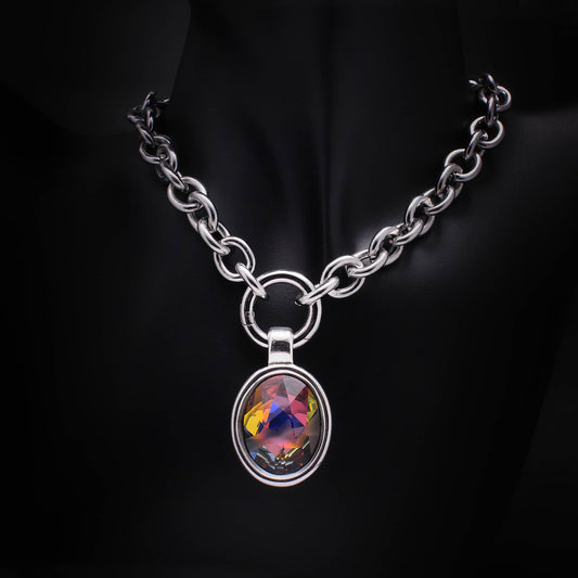 Collar de eslabones grandes de acero inoxidable con colgante ovalado multicolor cristal swarovski
