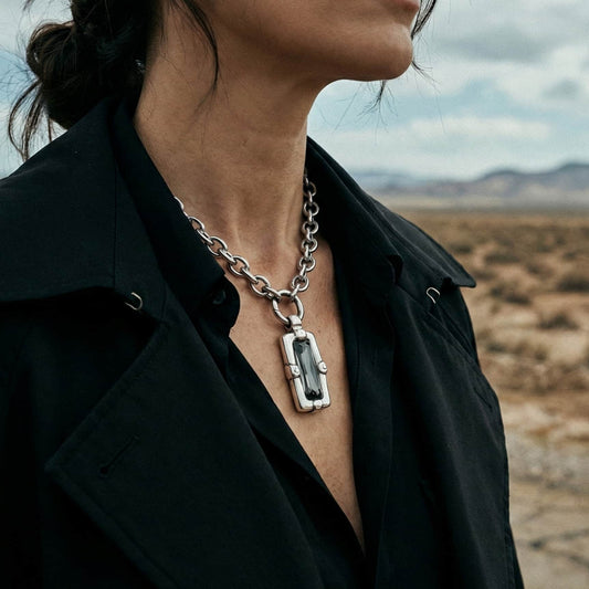 Collar eslabones ovalados acero y colgante rectangular con cristal para mujer