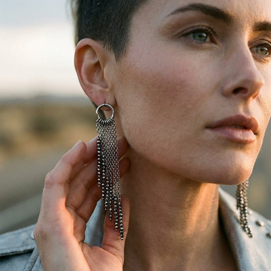 Pendientes de cadena para fiesta de acero plateados con cristales plateados