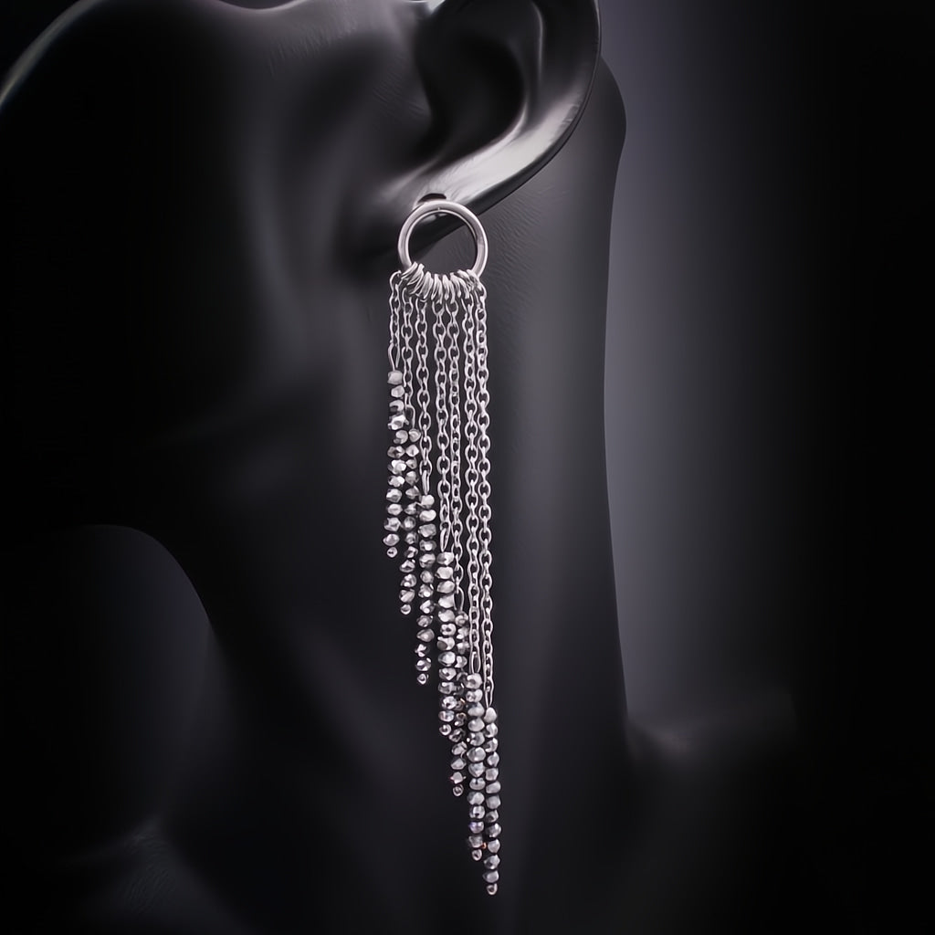 Pendiete cadenas de acero largos con cristales plateados y base redonda