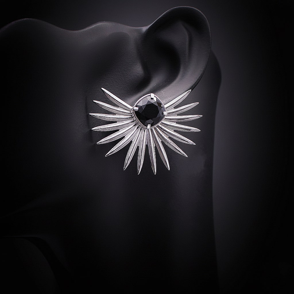 Pendientes abanico de acero para mujer con cristal negro