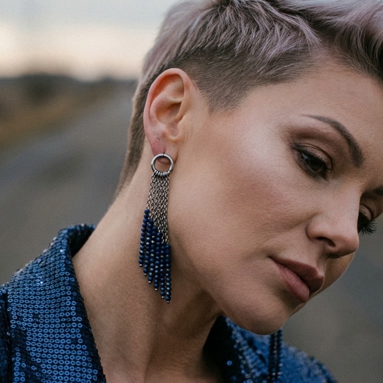 Pendientes azules de cadena largos para mujer de acero inoxidable y cristal