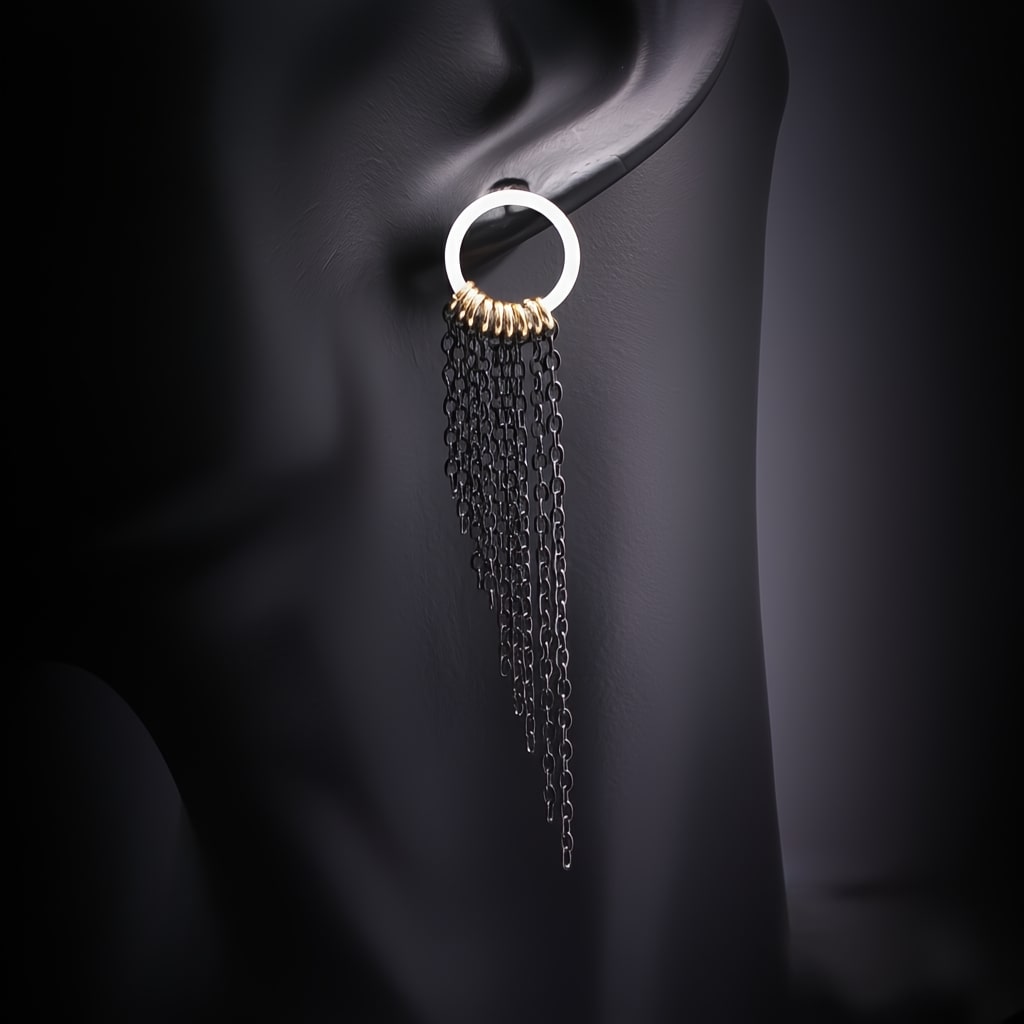 Pendientes cadena negra largos de acero inoxidable para mujer