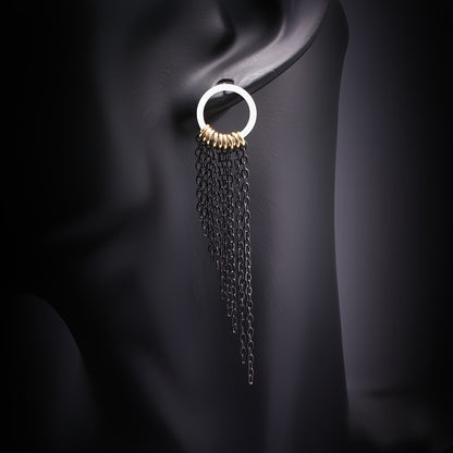 Pendientes cadena negra largos de acero inoxidable para mujer