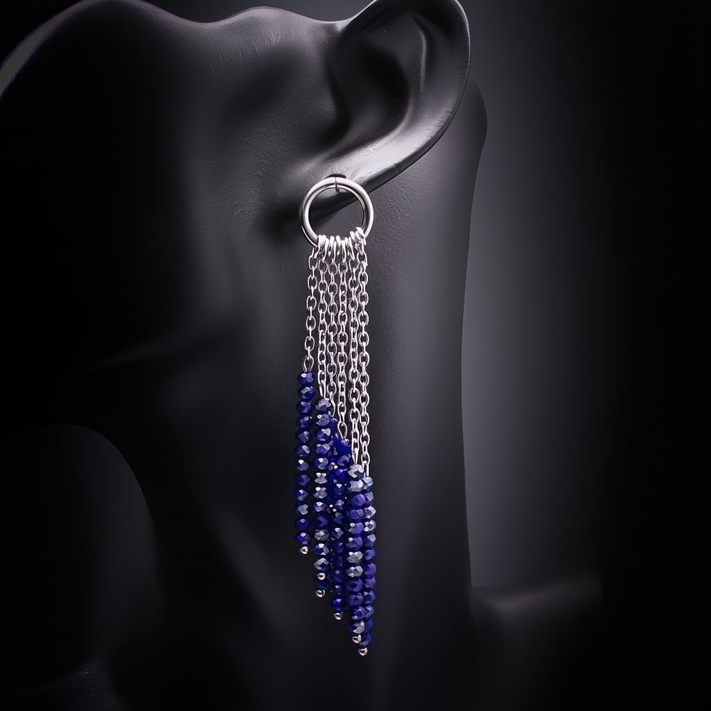 Pendientes largos cristales azules de cadenas plateadas de acero y base redonda
