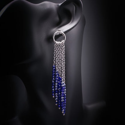 Pendientes largos cristales azules de cadenas plateadas de acero y base redonda