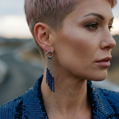 Pendientes largos de cadena con cristales azules para mujer de acero inoxidable