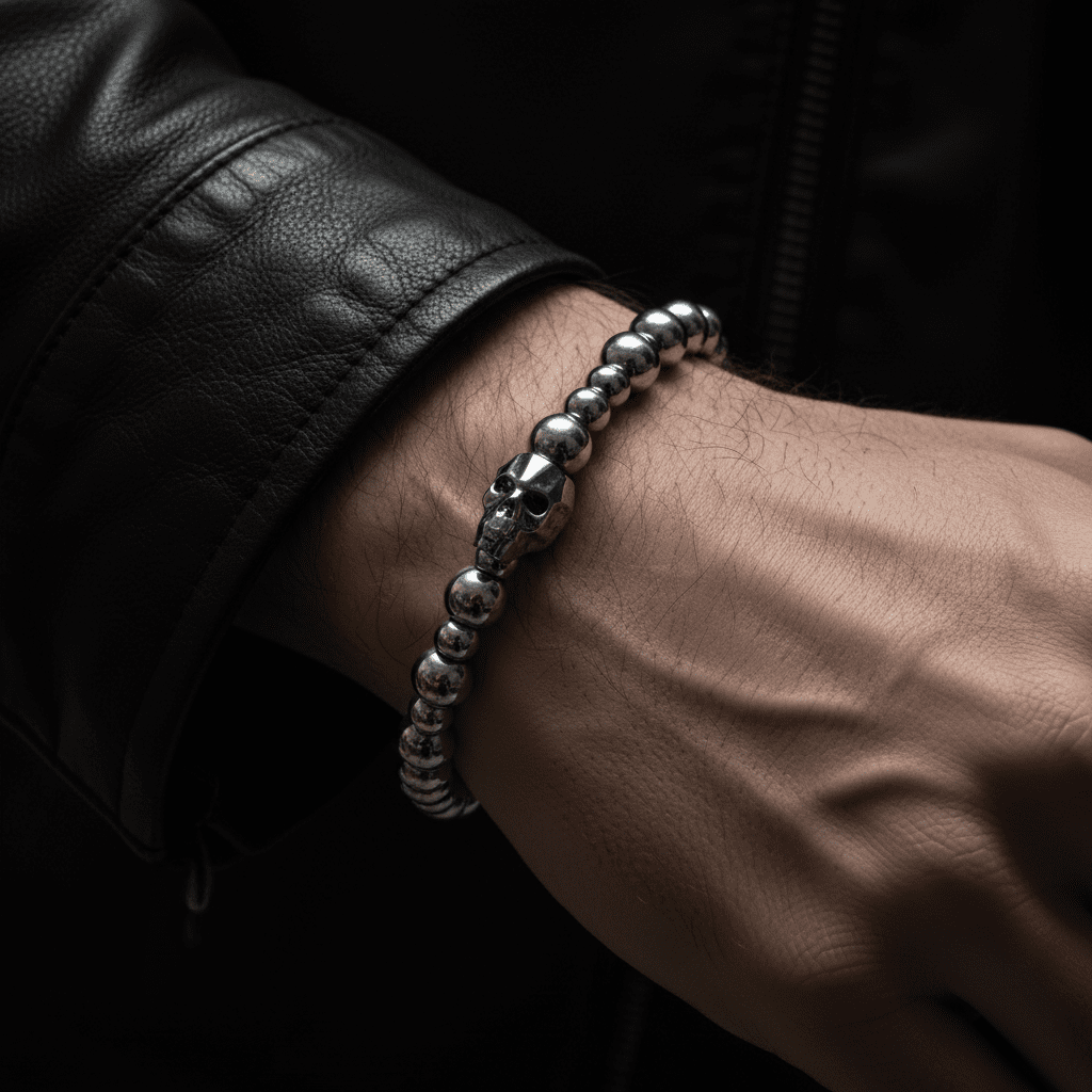 Pulsera calavera plateada swarovski y bolas de acero inoxidable elastica