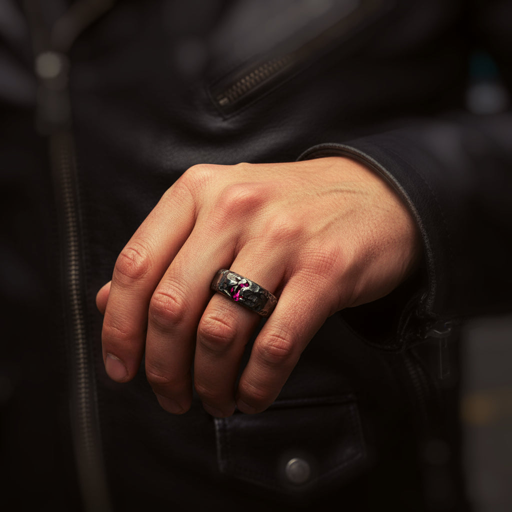anillo grueso para hombre de plata con piedra roja y acabado oxidado