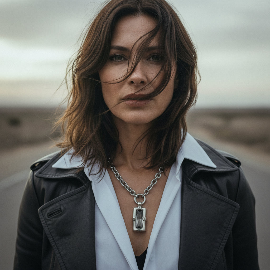 Collar para mujer con colgante cristal rectangular y eslabones grandes.