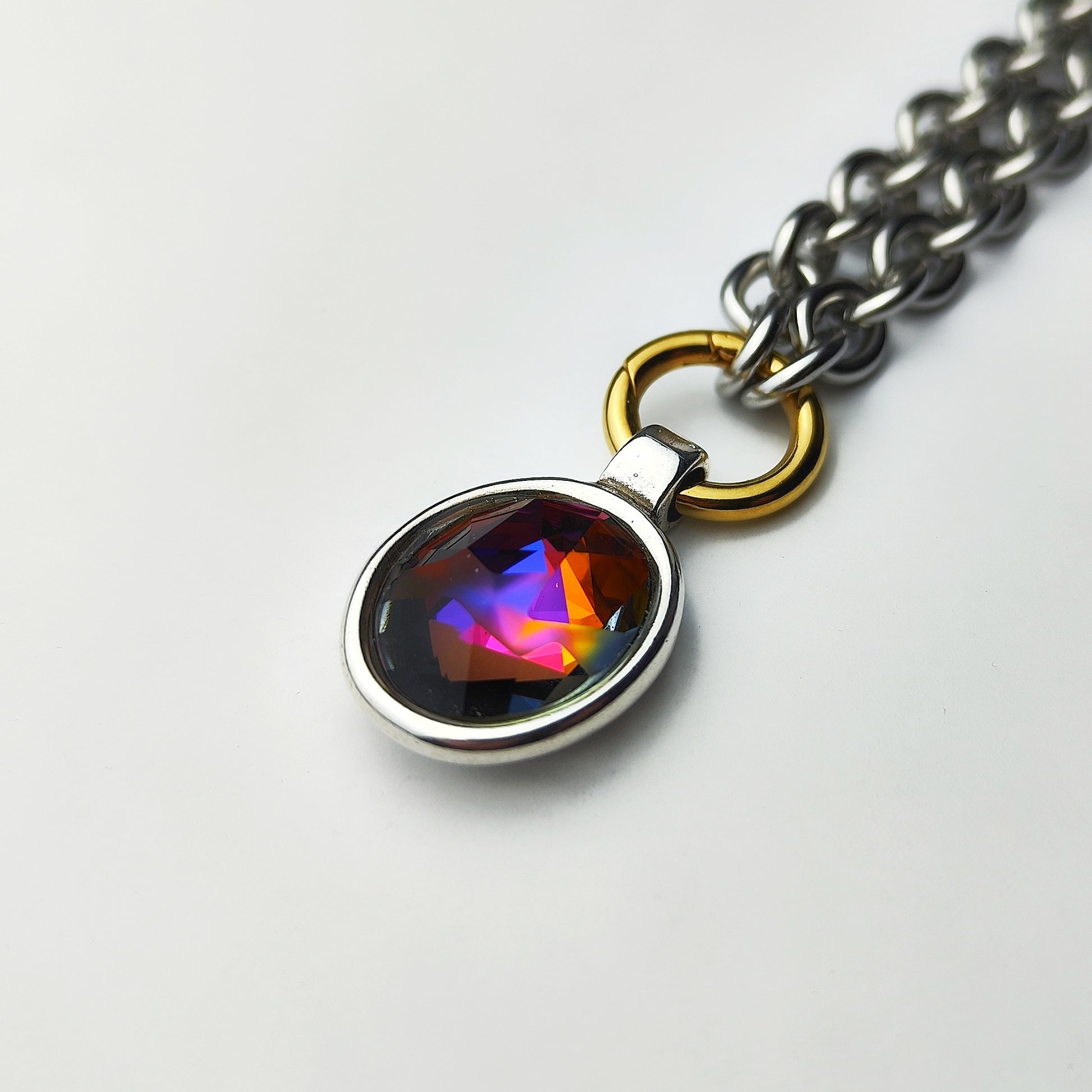 collar eslabones grandes con colgante, collar de acero y cristal de swarovski multicolor